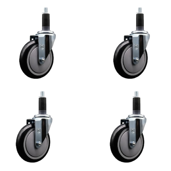5'' SS Black Poly Wheel Swivel 1-1/8'' Expanding Stem Caster Set, 4PK